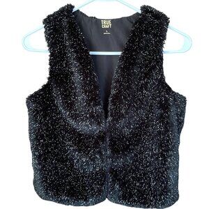 True Craft Girls Faux Youth Fur Vest Size L Black Silver Metallic Party Glam
